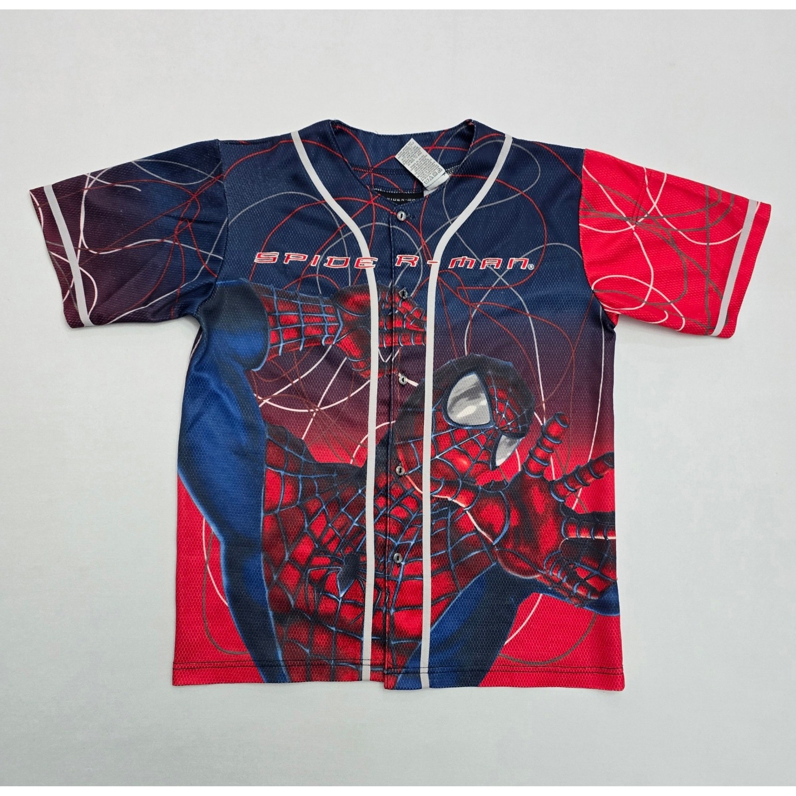 Spider-Man Kids Baseball Jersey Vtg Size 14/16 Red Blue Mesh Button Front Shirt